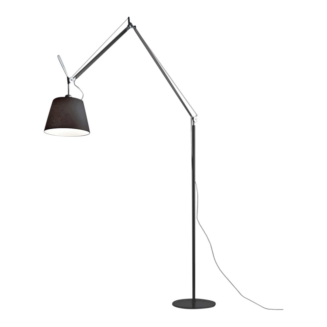 Black and chrome floor lamp with a sleek, modern design and a fabric shade, featuring a minimalist aesthetic.
