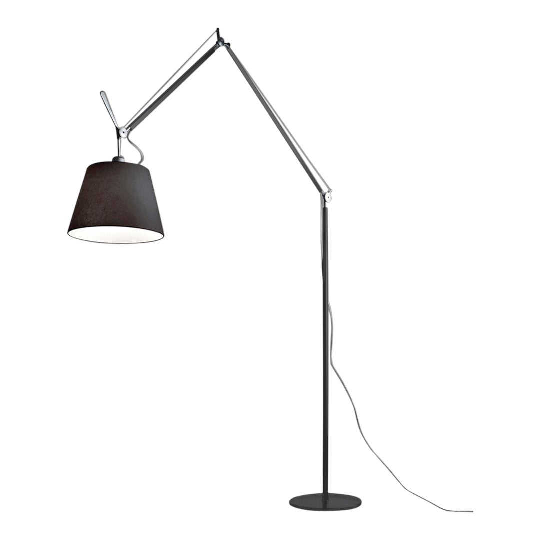 Black lampshade with a matte finish, chrome arm and base, minimalist design for modern decor.