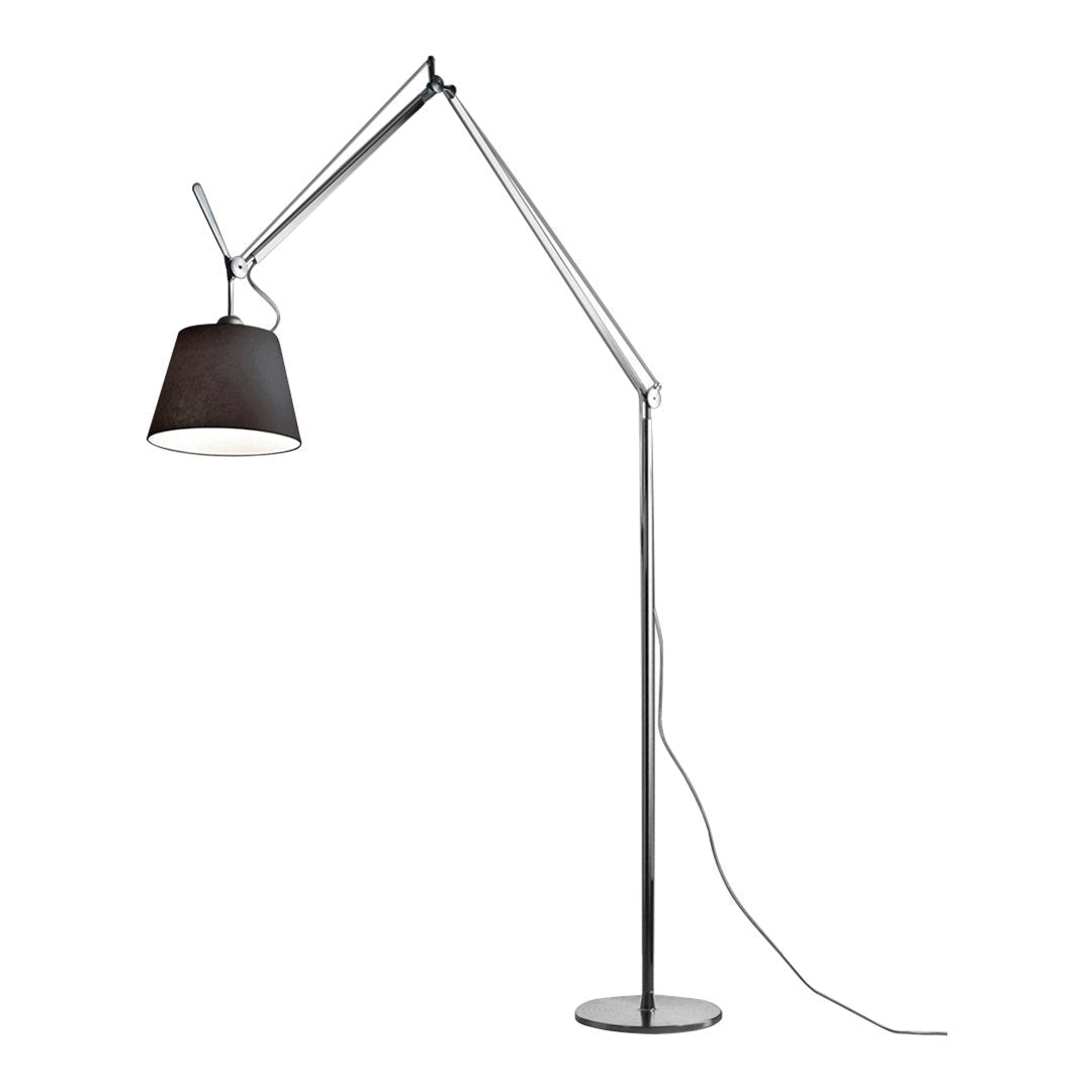 Sleek chrome floor lamp with a modern black shade, featuring minimalist design and elegant lines.
