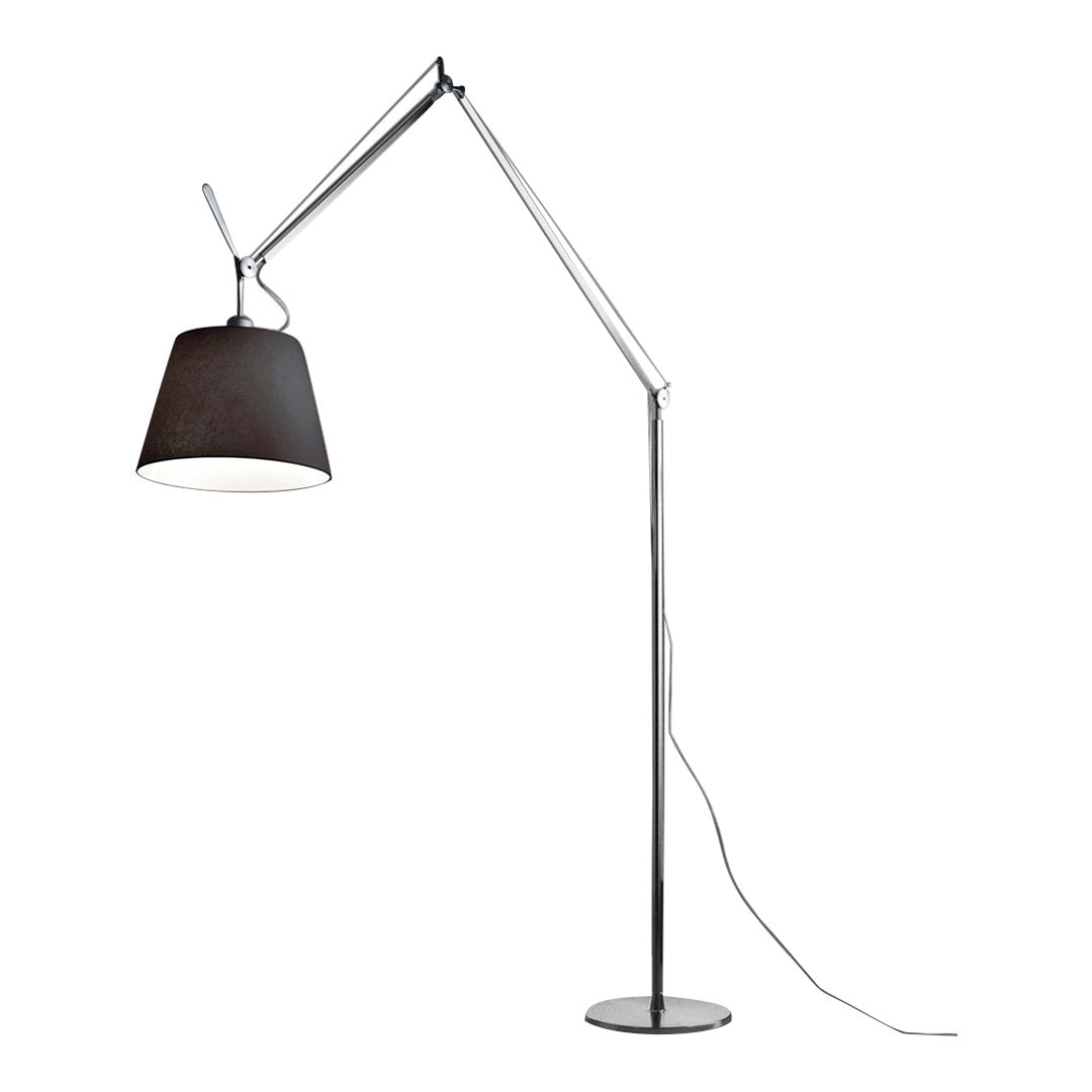 Black shade with sleek chrome base and adjustable arm floor lamp, modern design with minimalist elegance.