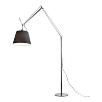 Black shade with sleek chrome base and adjustable arm floor lamp, modern design with minimalist elegance.