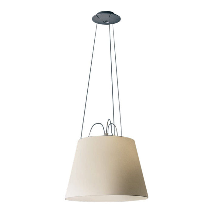 Cream-colored pendant lamp with a simple, sleek design and metallic hanging wires, perfect for modern decor.