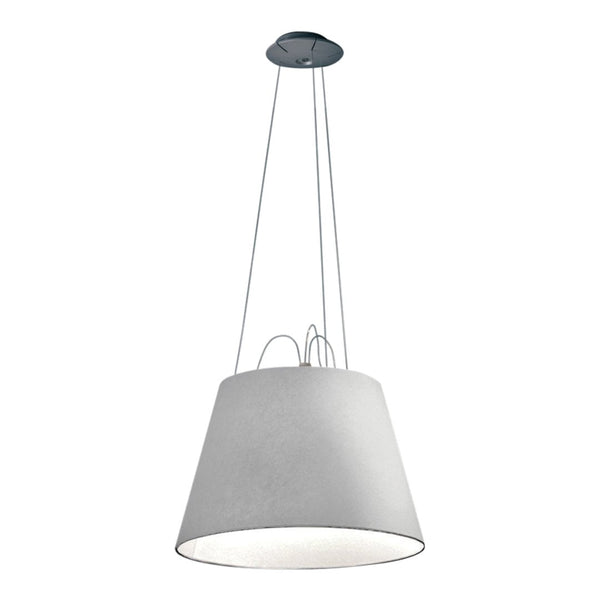 Modern gray pendant light with a minimalist design and smooth, round shape, accented by sleek metal details.