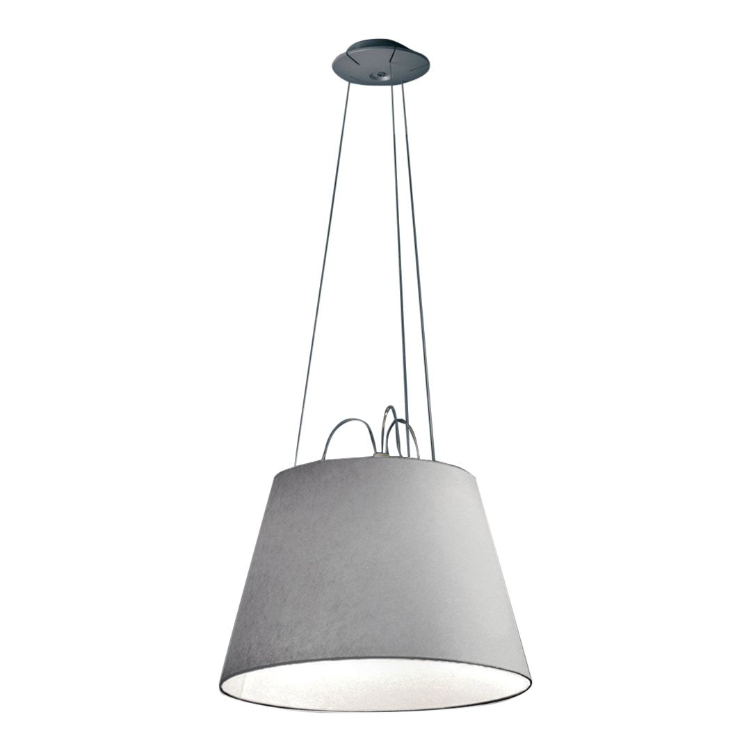 Gray conical pendant lamp with a smooth fabric finish and subtle texture, suspended by sleek metal cables.