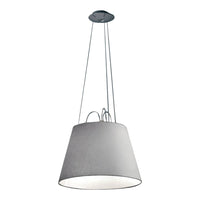 Gray conical pendant lamp with a smooth fabric finish and subtle texture, suspended by sleek metal cables.