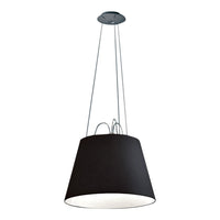 Black fabric pendant lamp with white interior, suspended by sleek silver wires, creating a modern, minimalist look.