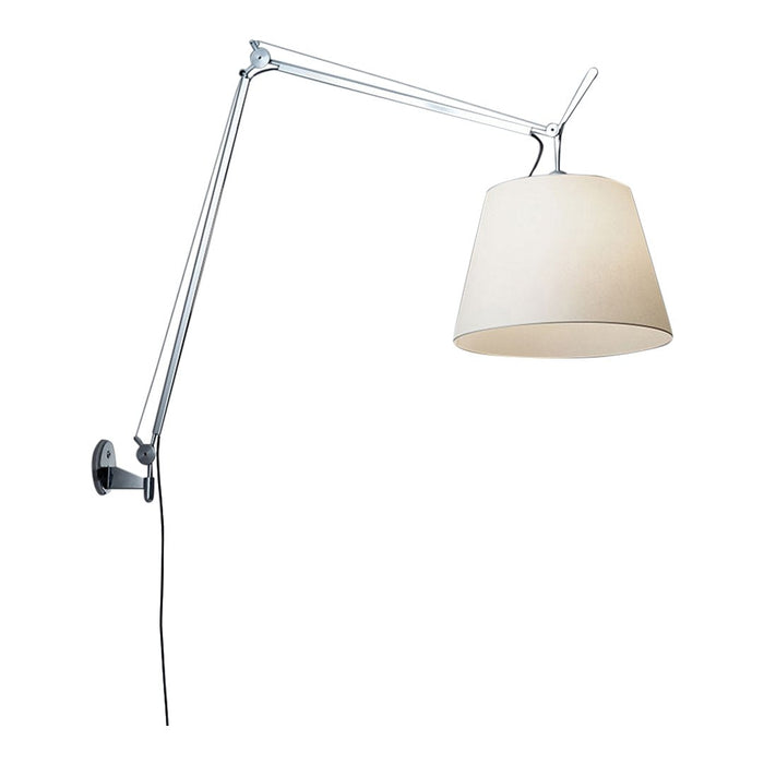 Modern wall lamp with a sleek chrome arm and a soft white fabric shade, perfect for minimalist decor.