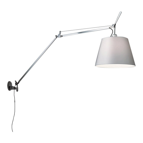 Industrial-style wall lamp with a sleek chrome arm and a smooth white shade for modern decor.