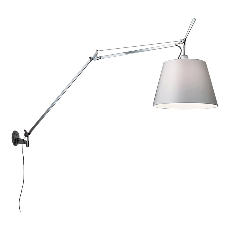 Industrial-style wall lamp with a sleek chrome arm and a smooth white shade for modern decor.