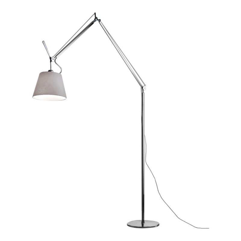 Stylish chrome floor lamp with a soft gray shade and sleek modern design, perfect for contemporary decor.