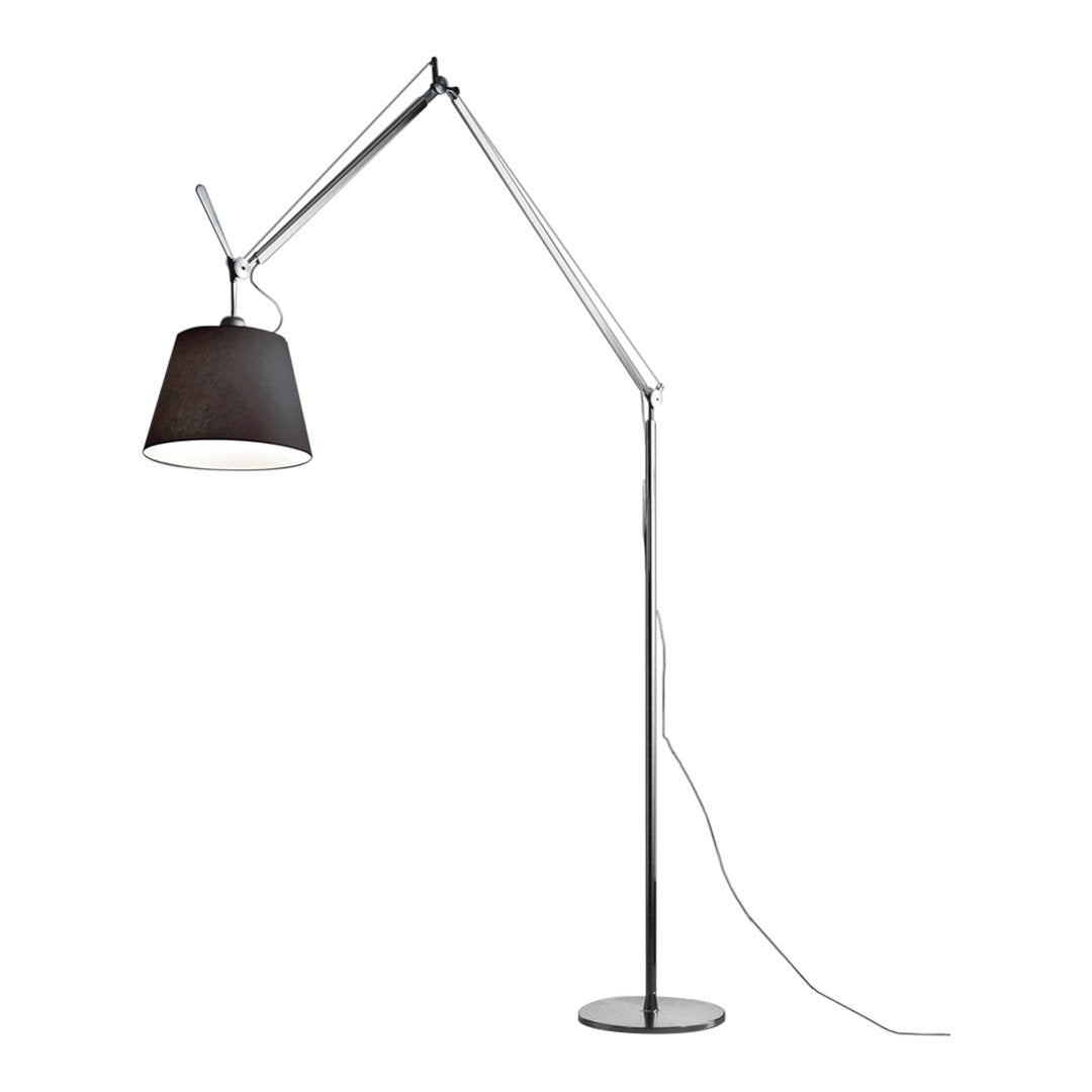 Sleek chrome floor lamp with a stylish black shade and minimalist design, perfect for modern decor.