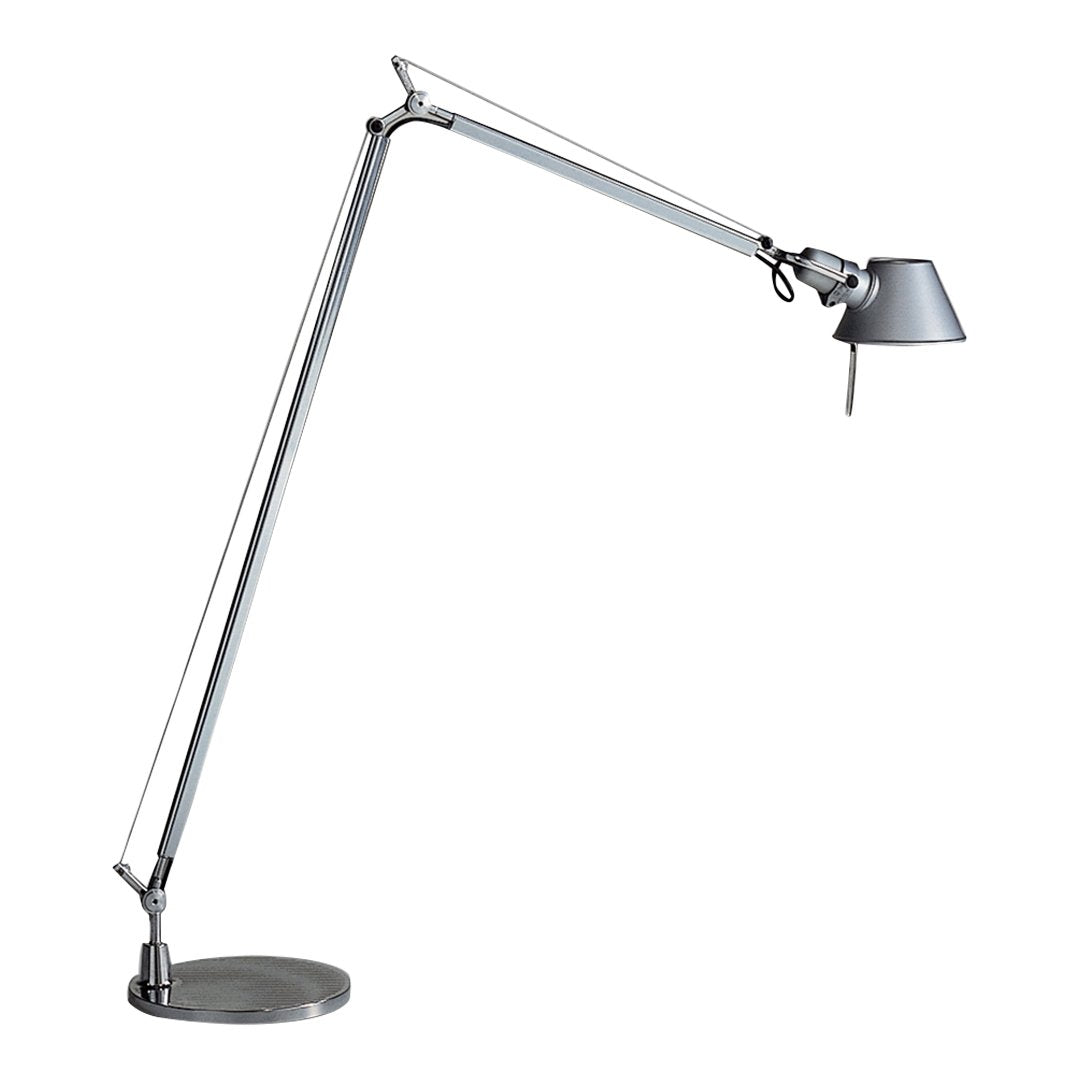 Sleek silver desk lamp with a modern arm design and minimalist shade, perfect for contemporary decor.