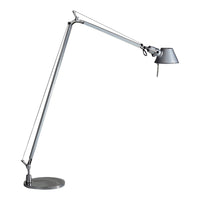 Sleek silver desk lamp with a modern arm design and minimalist shade, perfect for contemporary decor.