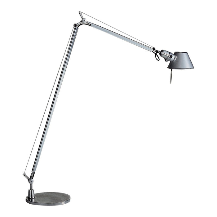 Sleek silver desk lamp with a modern arm design and minimalist shade, perfect for contemporary decor.