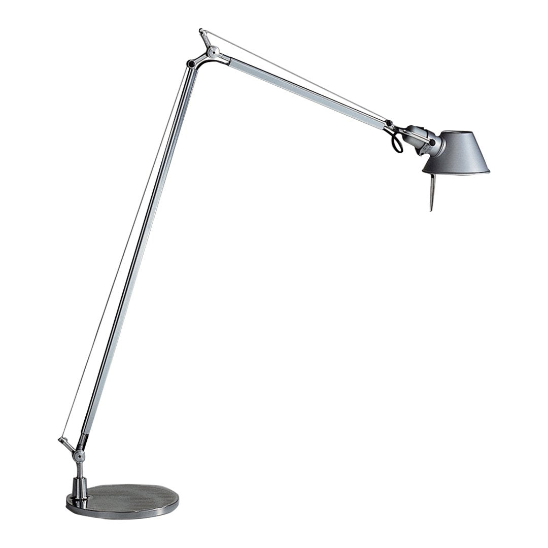 Sleek silver desk lamp with a modern design, featuring a polished chrome finish and minimalist style.