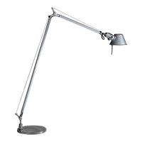 Sleek silver desk lamp with a modern design, featuring a polished chrome finish and minimalist style.