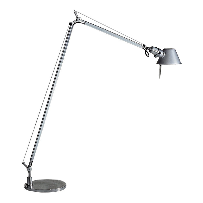 Sleek silver desk lamp with a modern design, featuring a polished chrome finish and minimalist style.