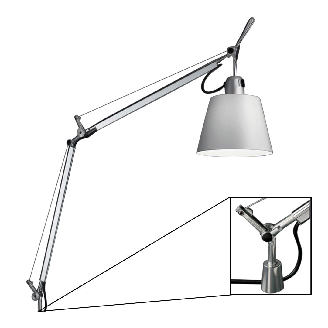 Silver adjustable desk lamp with a white shade and sleek metallic finish. Perfect for modern spaces.