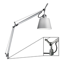 Silver adjustable desk lamp with a white shade and sleek metallic finish. Perfect for modern spaces.