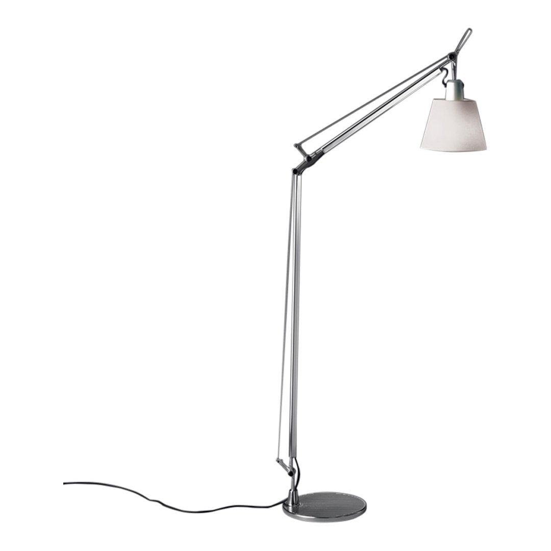 Sleek chrome floor lamp with a white glass shade and a minimalist design, perfect for modern décor.