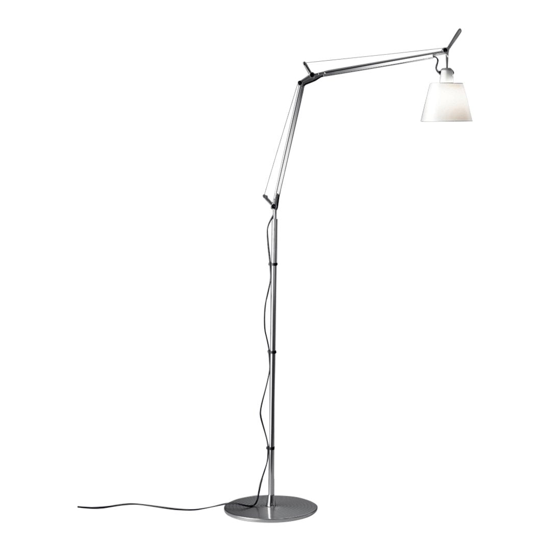 Modern floor lamp with a sleek black and silver design, featuring a white glass shade for a minimalist look.