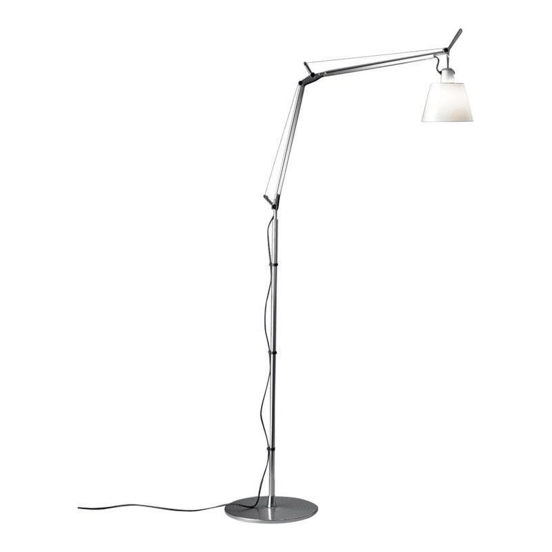 Modern floor lamp with a sleek black and silver design, featuring a white glass shade for a minimalist look.