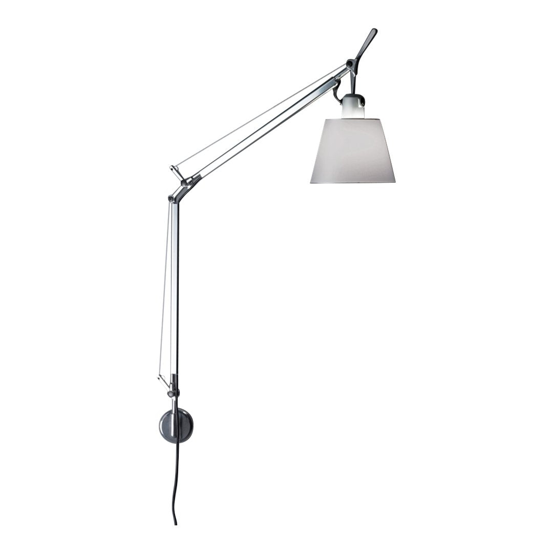 Chrome adjustable lamp with a sleek gray shade and black cord, featuring a minimalist design for modern spaces.