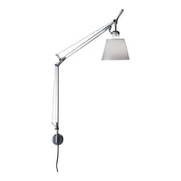 Chrome adjustable lamp with a sleek gray shade and black cord, featuring a minimalist design for modern spaces.