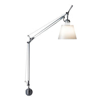 Sleek chrome desk lamp with a white lampshade and minimalist design, featuring clean lines and a modern aesthetic.