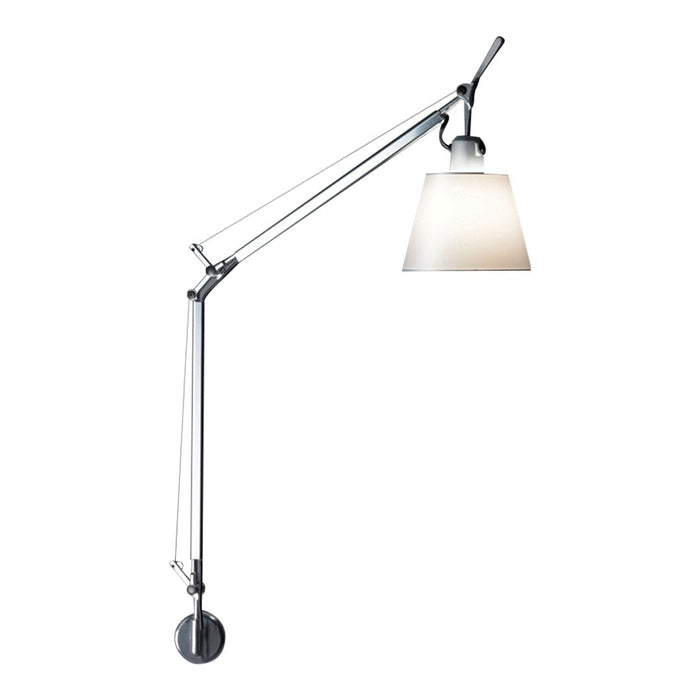 Sleek chrome desk lamp with a white lampshade and minimalist design, featuring clean lines and a modern aesthetic.