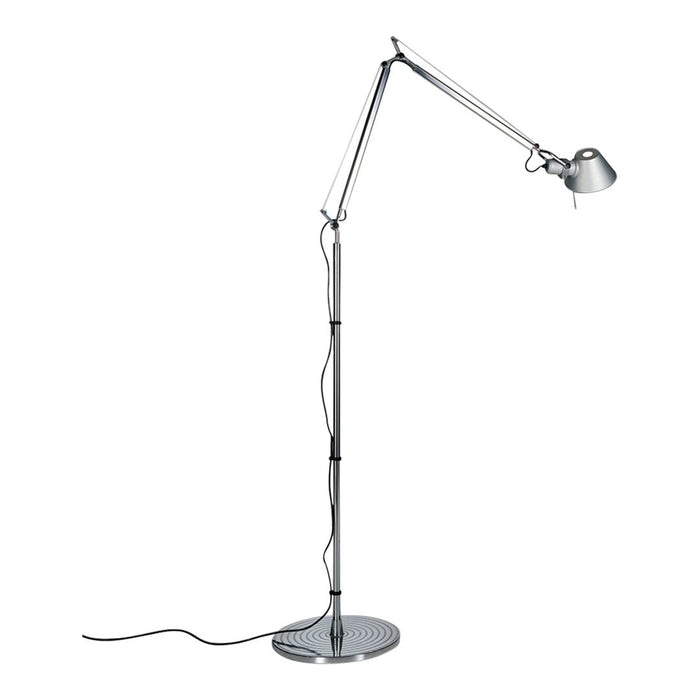 Sleek chrome floor lamp with a minimalist design, featuring a polished base and clean lines for a modern aesthetic.