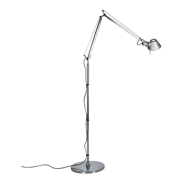Silver chrome floor lamp with a sleek, modern design and adjustable arms, featuring a shiny finish and minimalistic style.