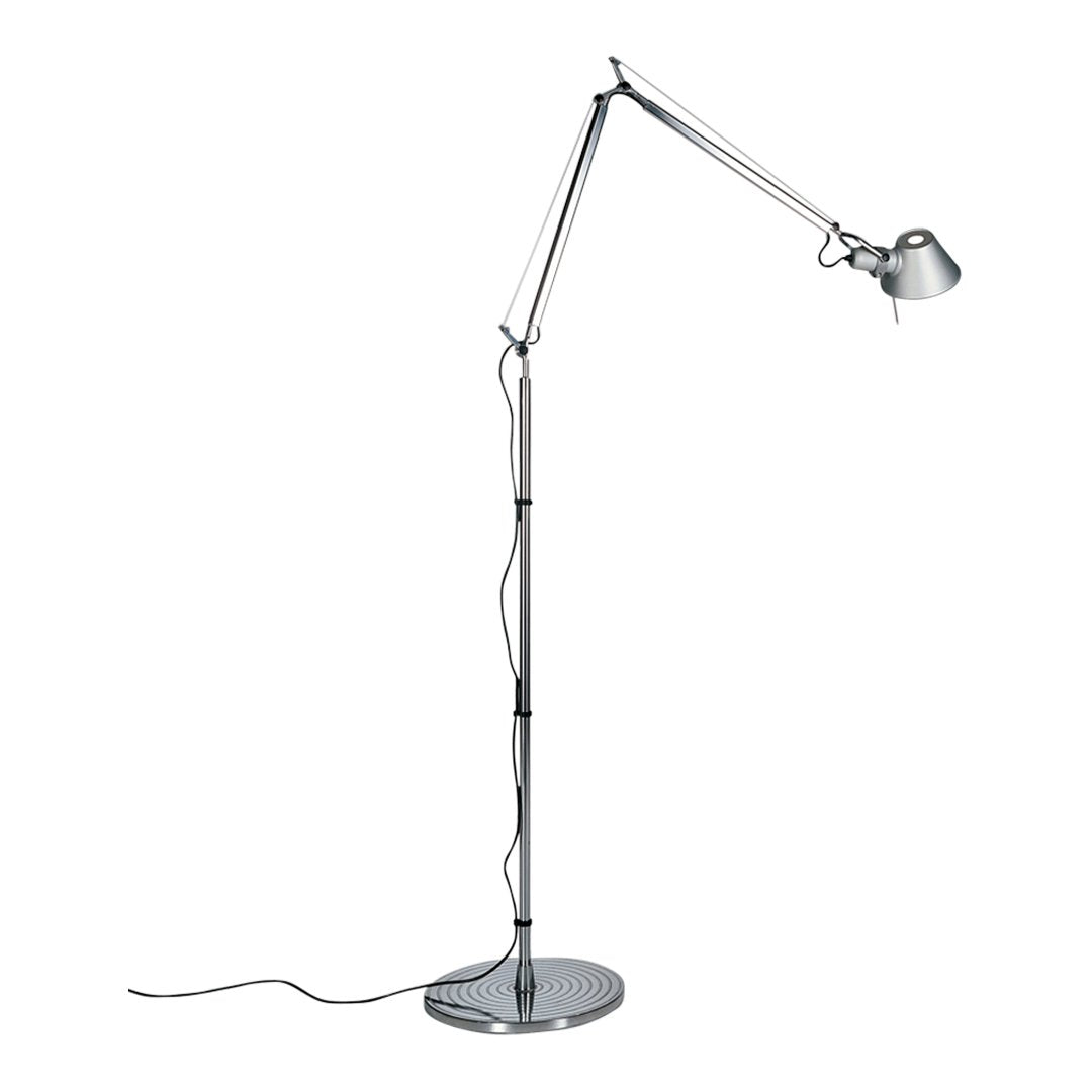 Silver chrome floor lamp with a sleek, minimalist design and adjustable arm for versatile lighting.