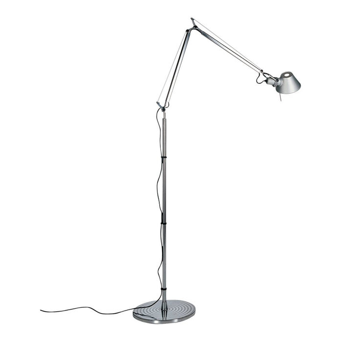 Silver chrome floor lamp with a sleek, minimalist design and adjustable arm for versatile lighting.