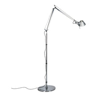Sleek chrome floor lamp with a minimalist design and metallic finishes, perfect for modern interiors.