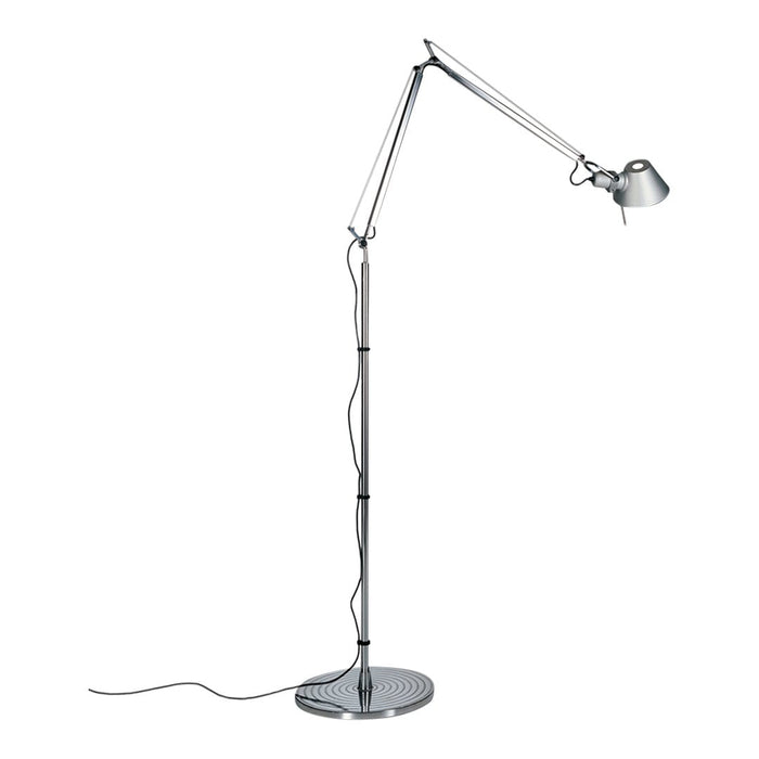 Sleek chrome floor lamp with a minimalist design and metallic finishes, perfect for modern interiors.