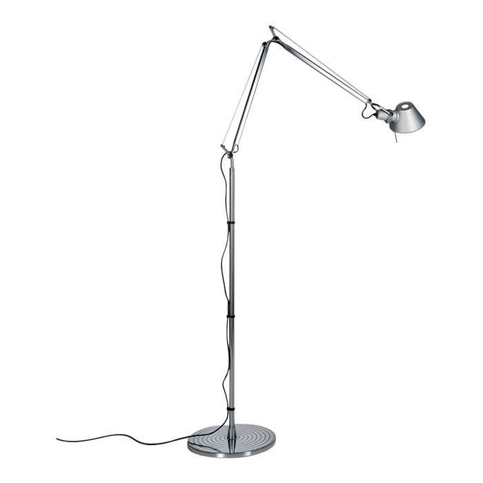 Sleek chrome floor lamp with adjustable arms and a minimalist design, featuring a polished finish and simple lines.