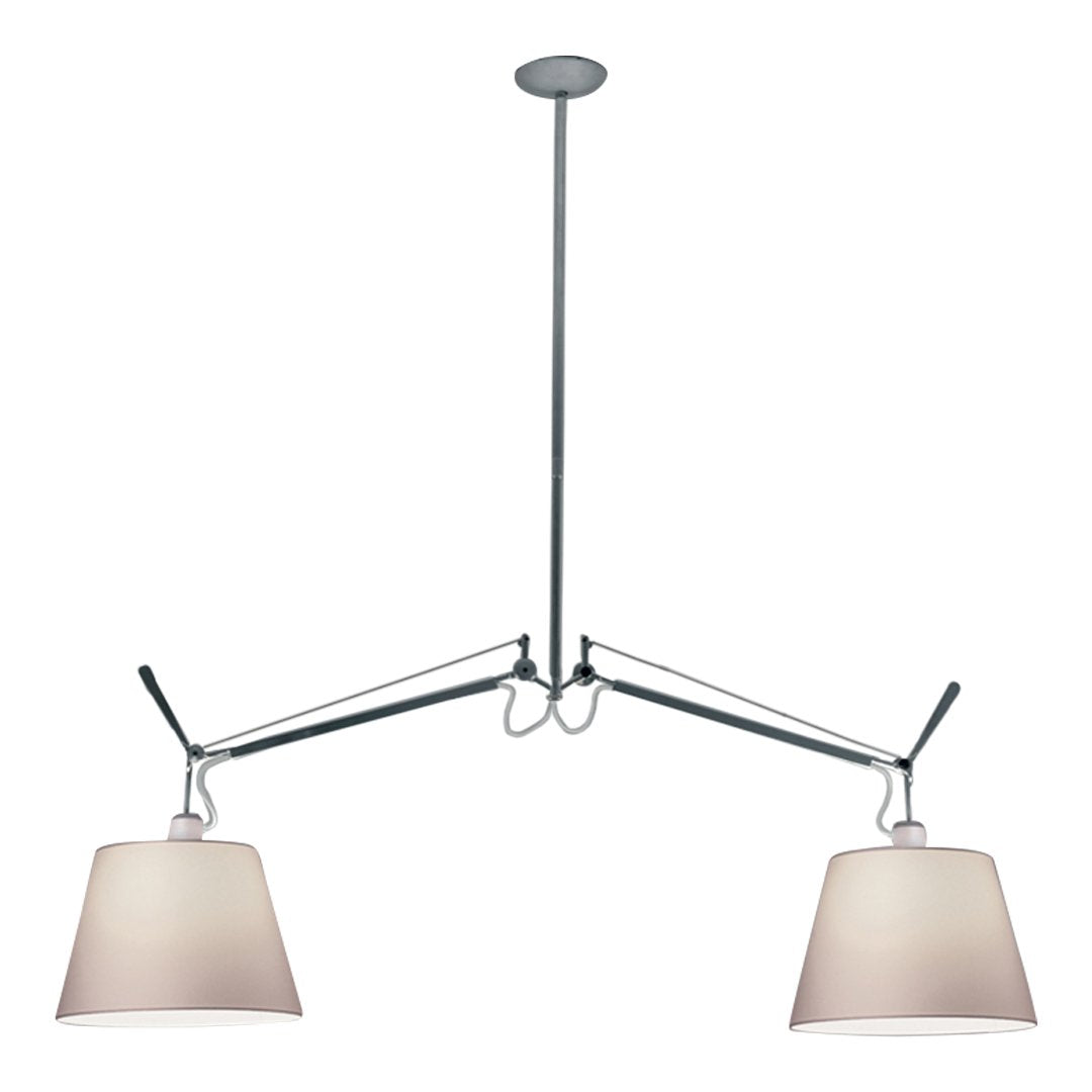 Modern chrome chandelier with two cream fabric shades and sleek, minimalistic design.