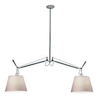 Modern chrome chandelier with two cream fabric shades and sleek, minimalistic design.