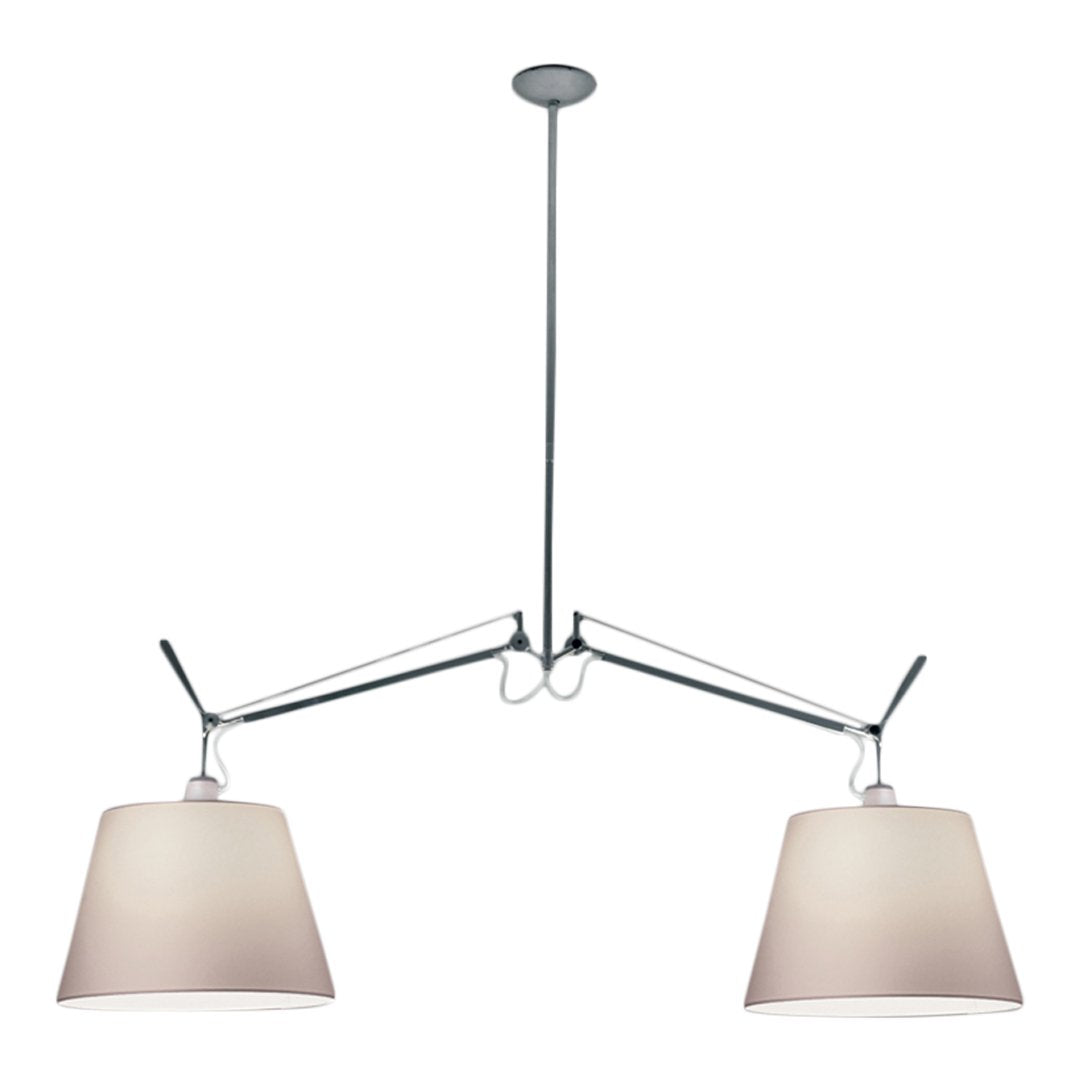 Chrome hanging lamp with two off-white shades and minimalist design, adding elegance to any space.
