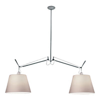 Chrome hanging lamp with two off-white shades and minimalist design, adding elegance to any space.