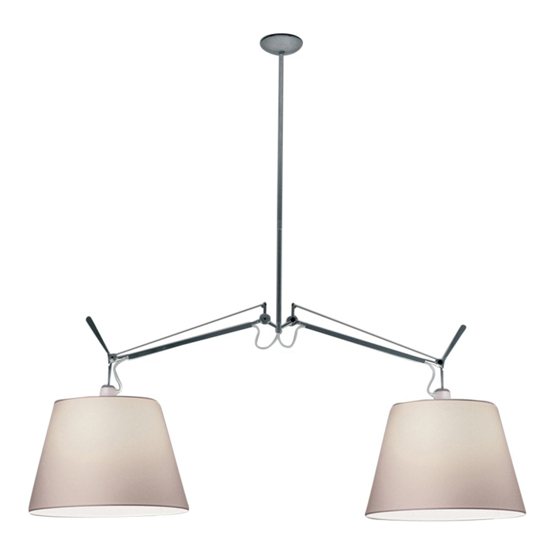 Modern chrome chandelier with two beige fabric shades and a sleek, minimalistic design. Perfect for stylish interiors.