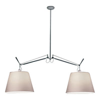 Modern chrome chandelier with two beige fabric shades and a sleek, minimalistic design. Perfect for stylish interiors.
