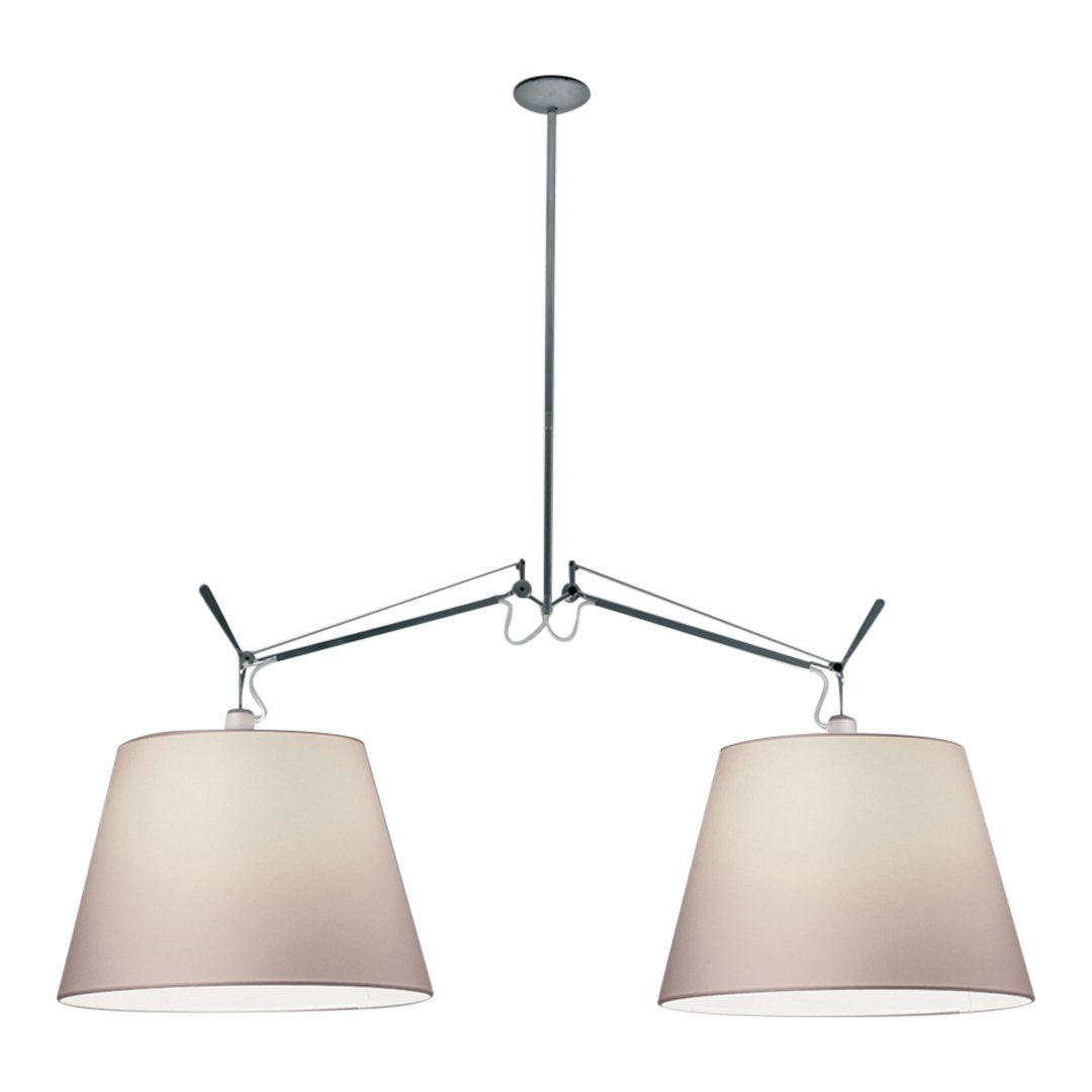 Modern dual pendant light with sleek chrome finish and soft beige fabric shades for a stylish touch.