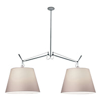 Modern dual pendant light with sleek chrome finish and soft beige fabric shades for a stylish touch.