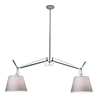 Sleek chrome suspension lamp with two soft white shades, featuring a minimalistic modern design.