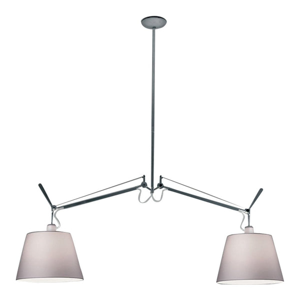 Sleek chrome suspension lamp with two soft white shades, featuring a minimalistic modern design.