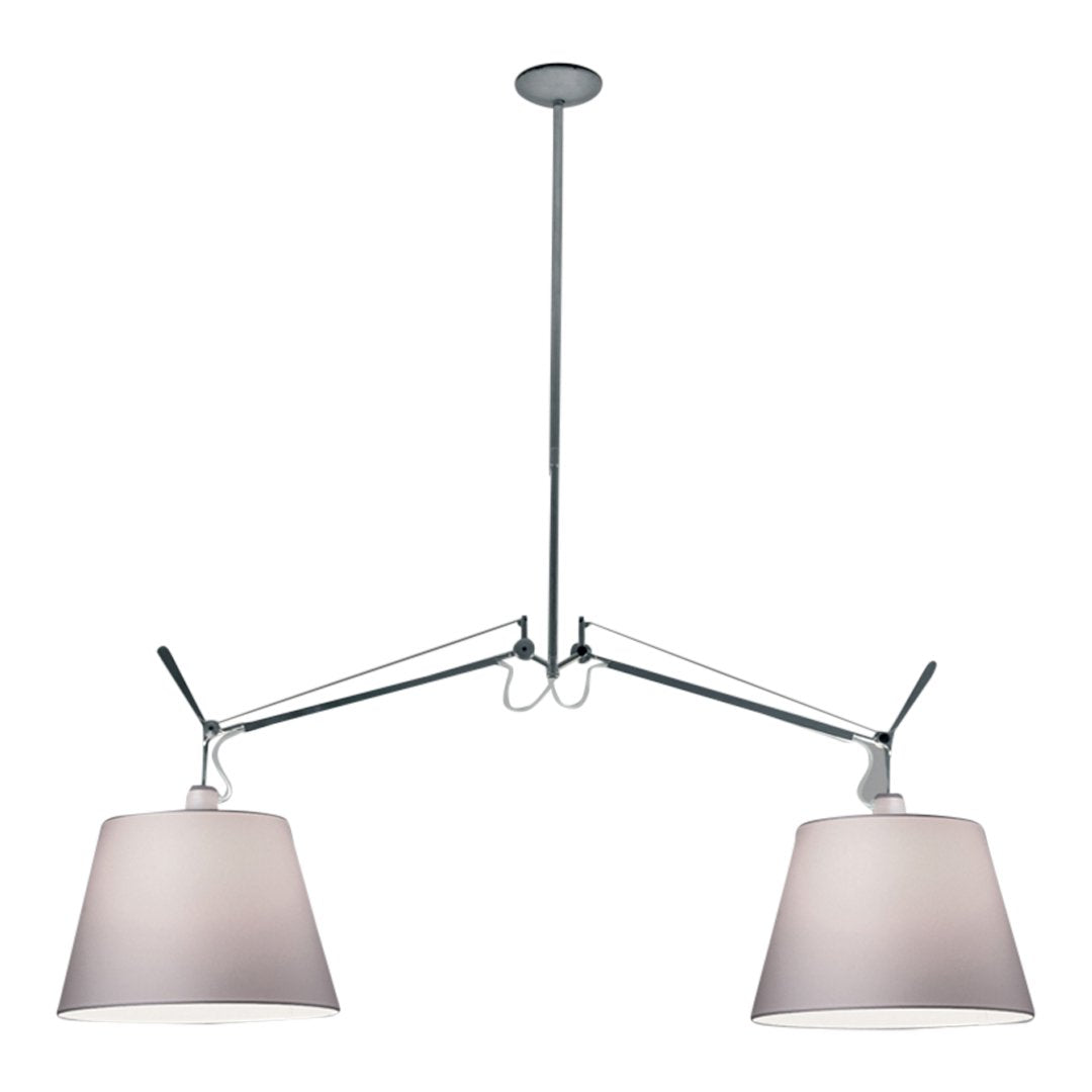 Sleek chrome pendant light with two soft gray shades, featuring a modern, minimalist design.