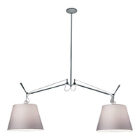 Sleek chrome pendant light with two soft gray shades, featuring a modern, minimalist design.