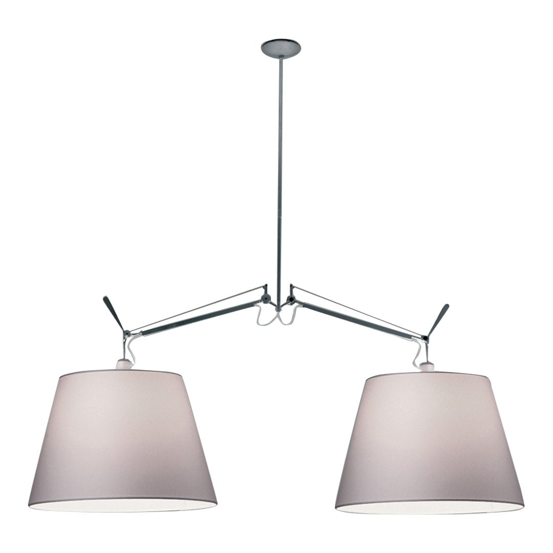 Double pendant lamp with sleek chrome arms and soft white fabric shades, featuring a minimalist design.